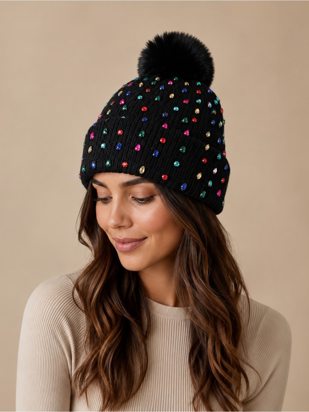 Anna & Ava Black Knit Pom-Pom Beanie with Multicolor Gem Accents